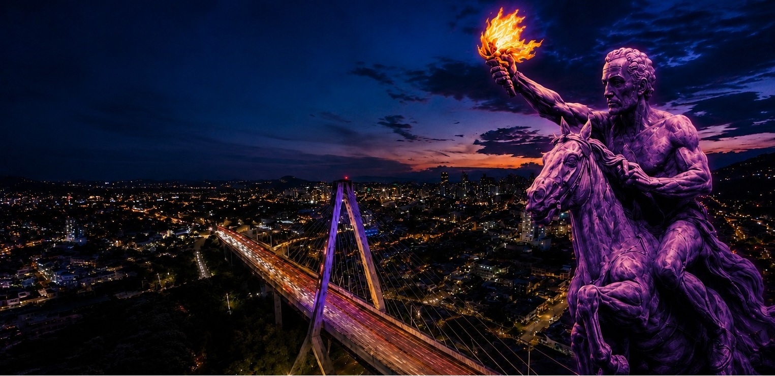 Estatua del Libertador con antorcha sobre la ciudad de Pereira y el Viaducto César Gaviria Trujillo